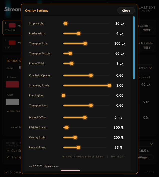 Streamers Pro overlay settings — strip height, opacity, colours and more